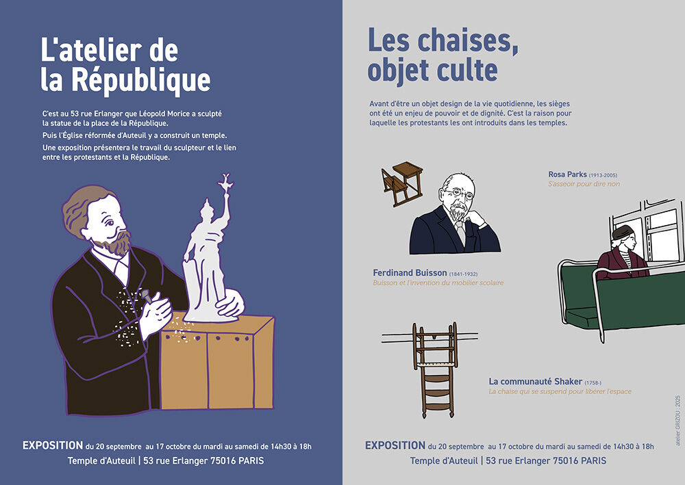 Expositions au temple d’Auteuil : Léopold Morice, les protestants et la République, les chaises…